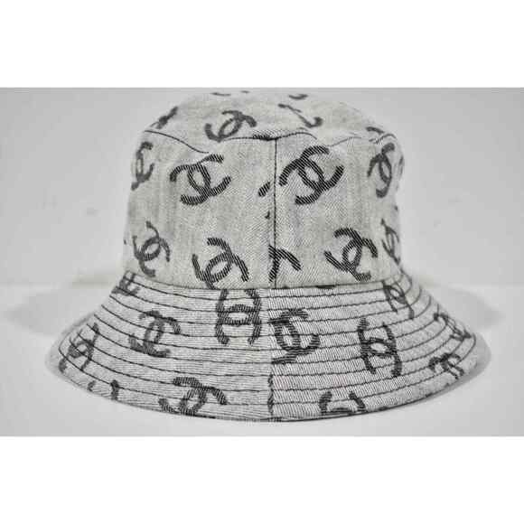 Chanel 22S Black White Grey Denim Fabric CC Logo Sun Cloche Bucket Hat Small S main image 8